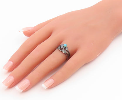925 Sterling Silver Vintage Ring EAST EUROPE Turquoise Etched Leaf Sz 7 RG35735