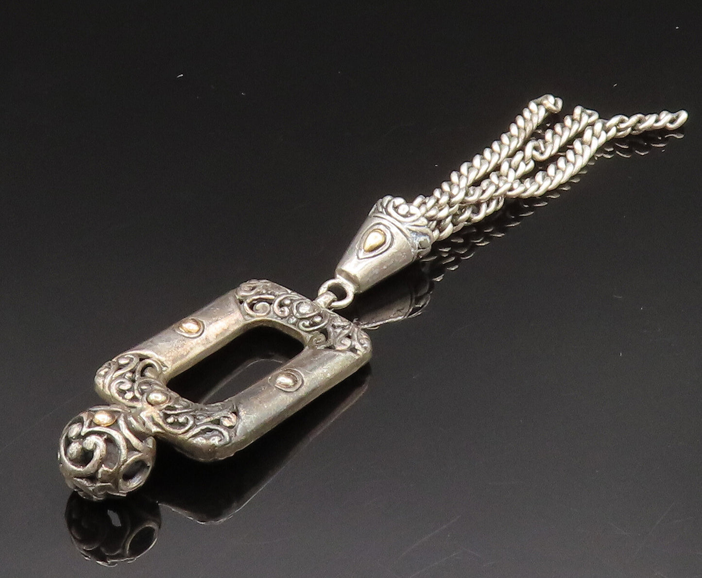 18K GOLD & 925 Silver  Vintage Scrolled Open Rectangle Dangle Pendant  PT20486