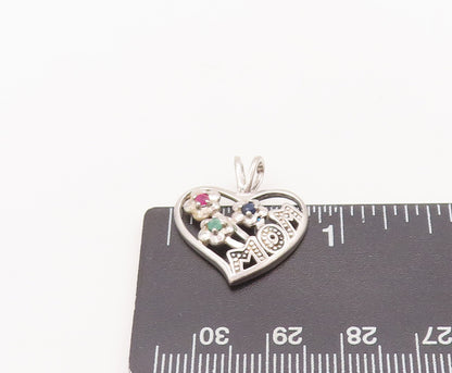 925 Sterling Silver Vintage Pendant Cutout Floral Topaz Heart For Mom  PT22627