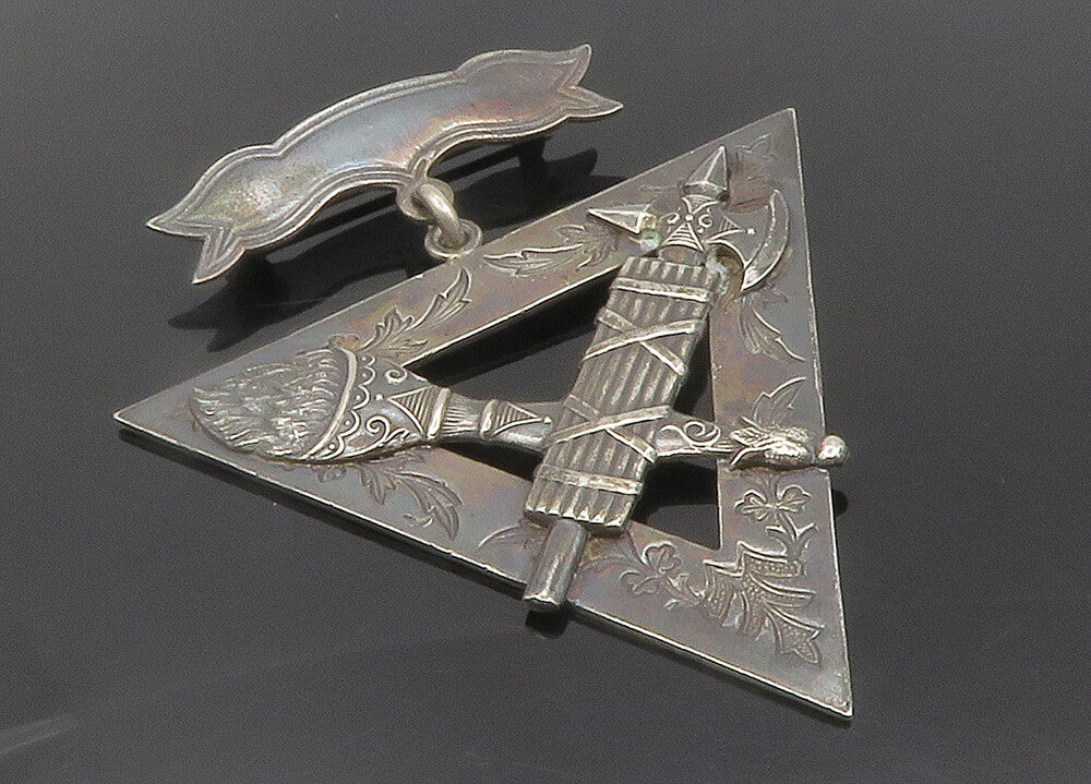 SS DAVIS 925 Silver  Vintage Antique Torch & Axe Floral Brooch Pin  BP4695