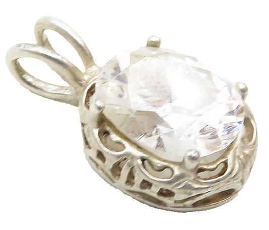 925 Sterling Silver  Vintage Faceted Cubic Zirconia Oval Drop Pendant  PT7504