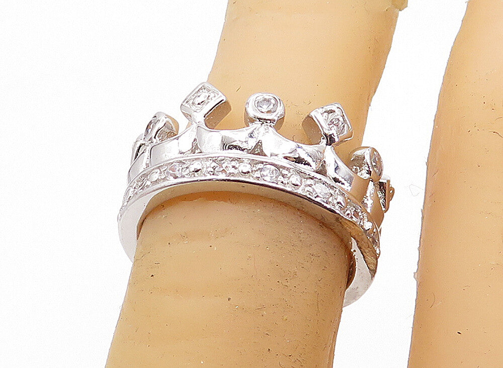 925 Sterling Silver  Topaz Polished Royal Crown Motif Band Ring Sz 6  RG5940