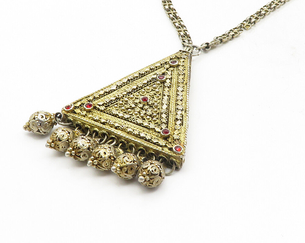 MIDDLE EASTERN 925 Silver  Vintage Red Topaz Floral Chain Necklace  NE1974