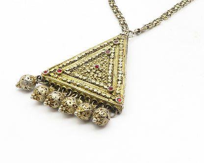 MIDDLE EASTERN 925 Silver  Vintage Red Topaz Floral Chain Necklace  NE1974