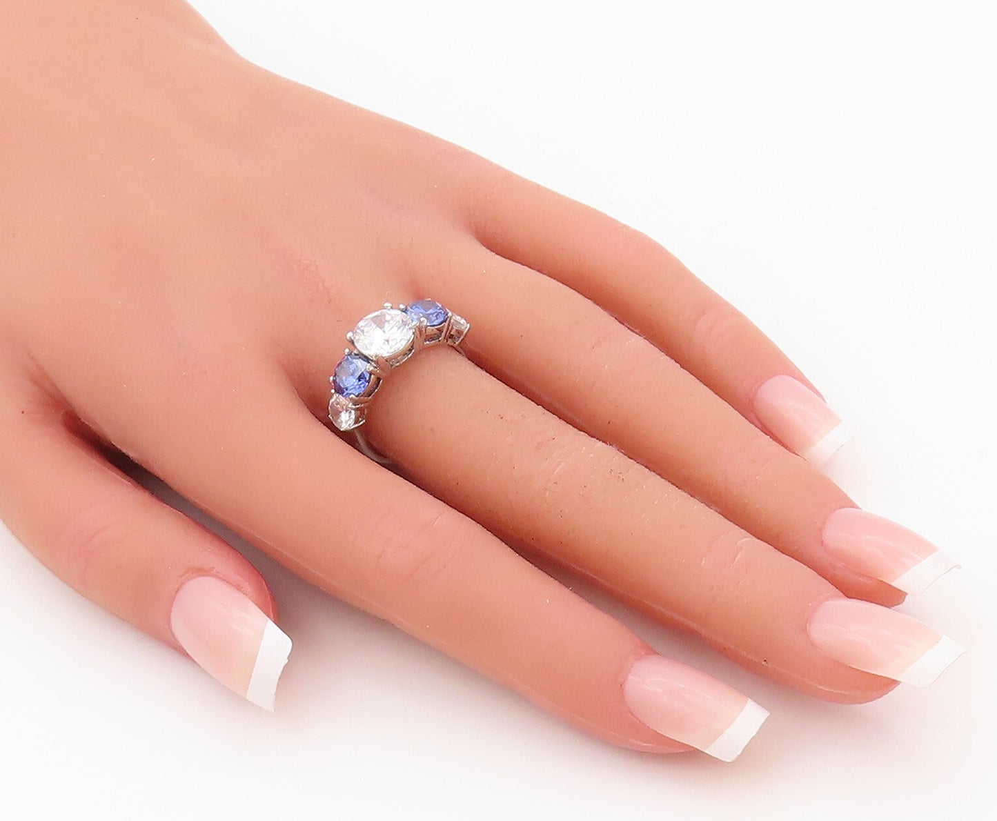 925 Sterling Silver Vintage Ring Round Cut Sapphire & CZ Band  Sz 7  RG30458