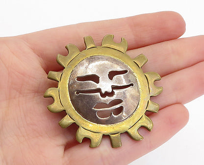 MEXICO 925 Sterling Silver  Vintage 2 Tone Shining Sun Face Brooch Pin  BP2496