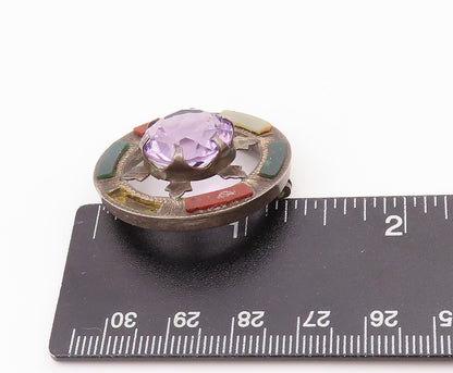 925 Sterling Silver Vintage Brooch Antique Amethyst Halo Gemstone Wheel  BP11673