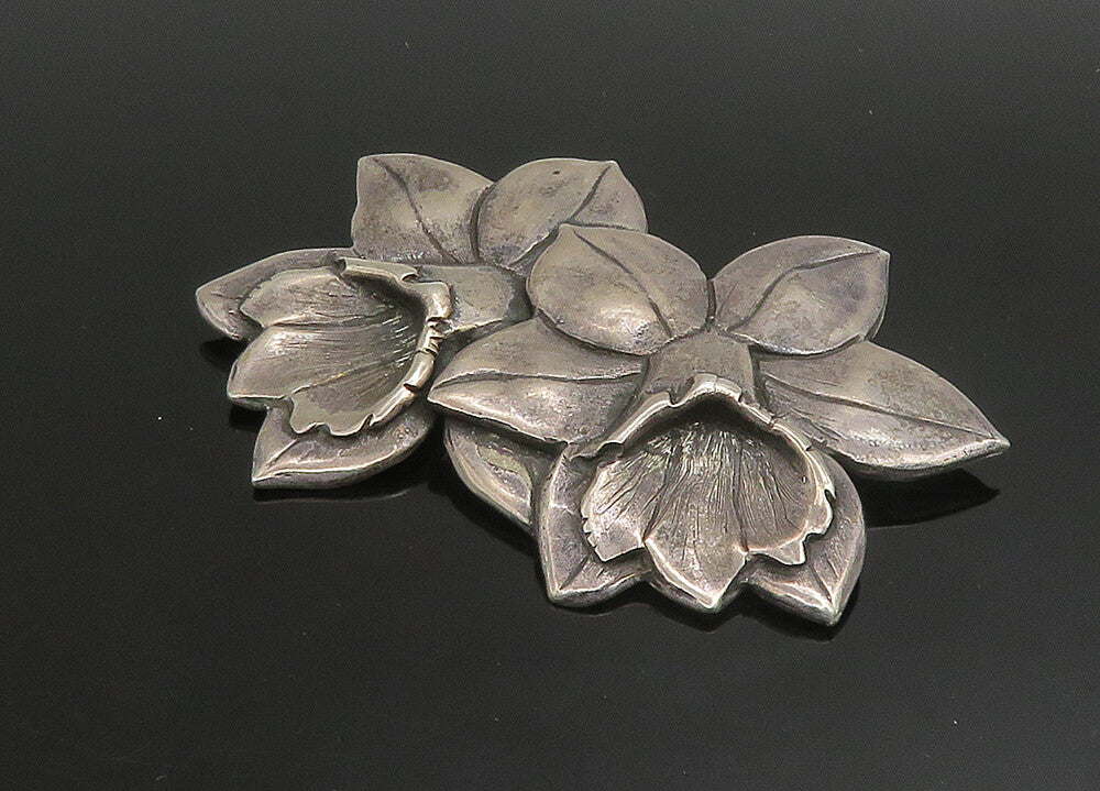 MANFREDI 925 Sterling Silver Vintage Dark Tone Flowers Motif Brooch Pin BP9064