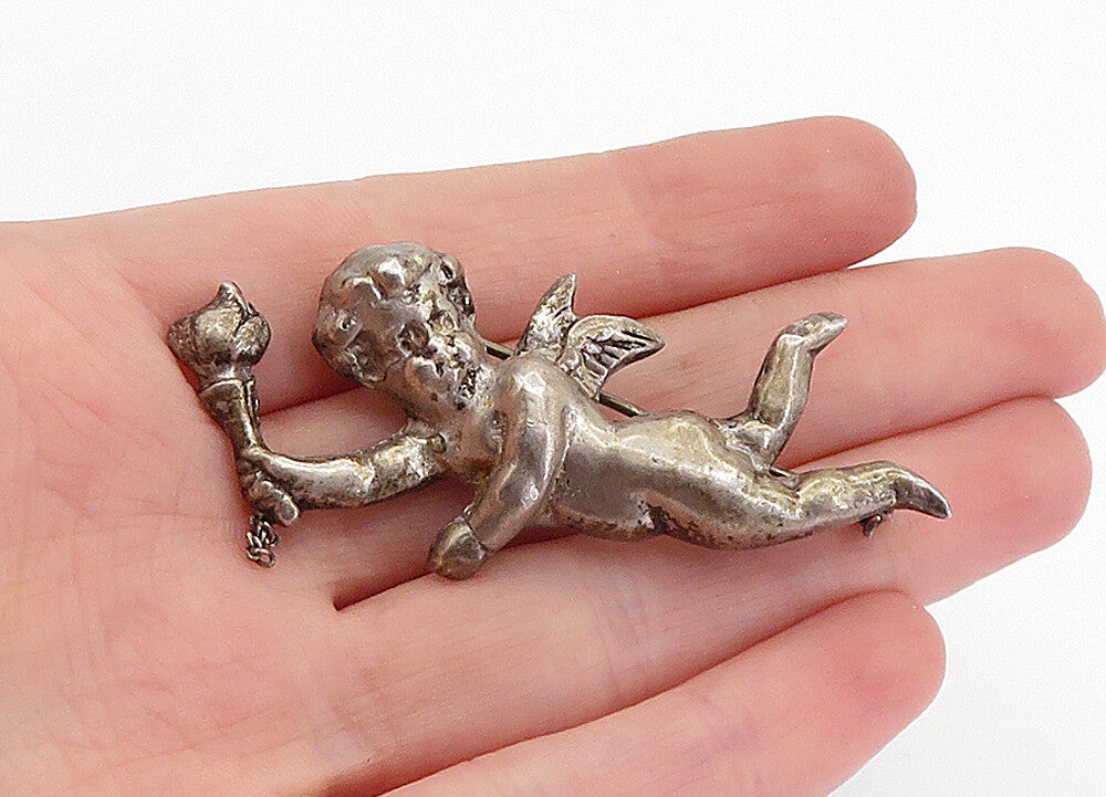 925 Sterling Silver  Vintage Antique Oxidized Baby Angel Brooch Pin  BP2261
