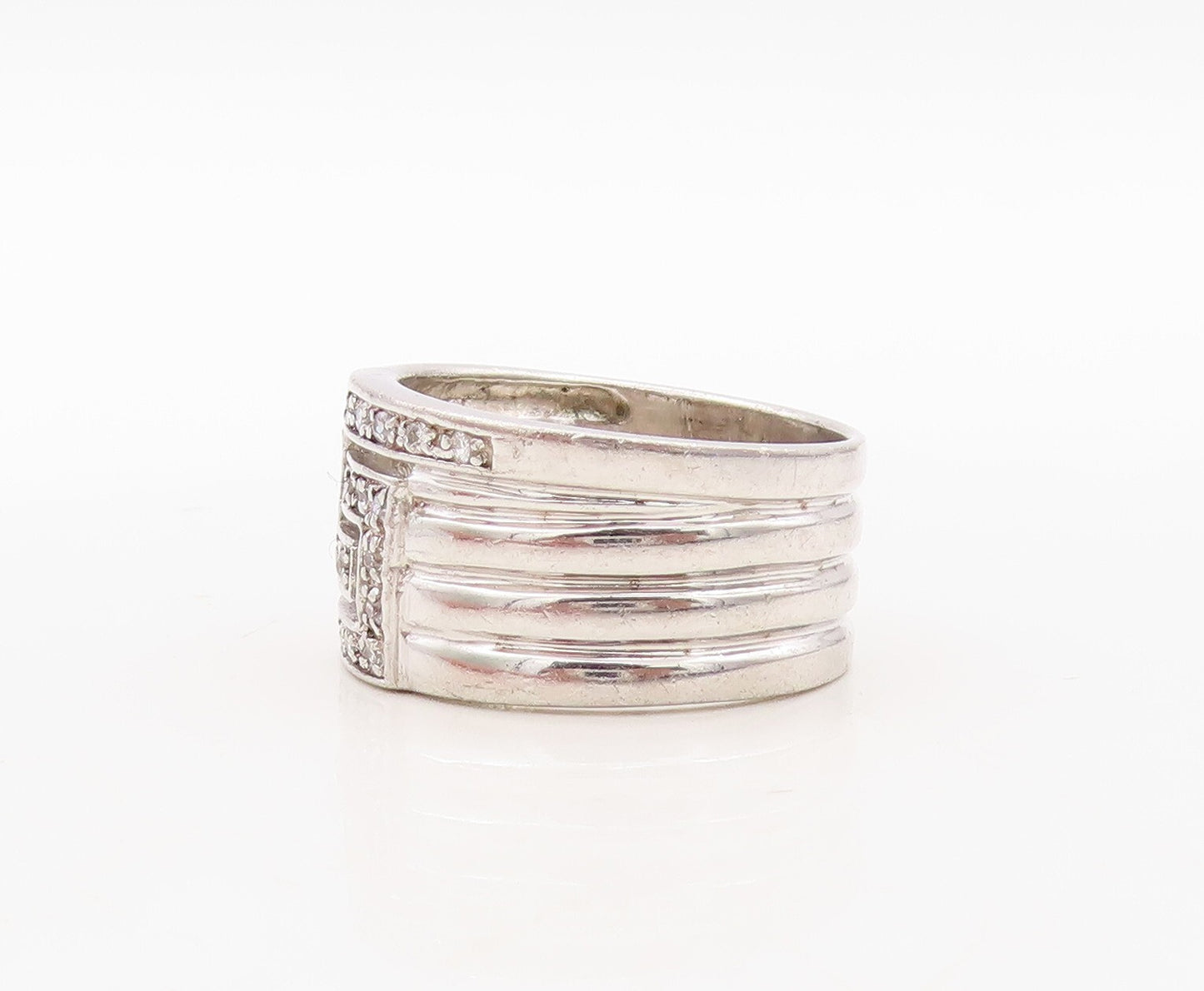 925 Sterling Silver Vintage Ring Designer Carved 5 CZ Inlay  Sz 10  RG31136