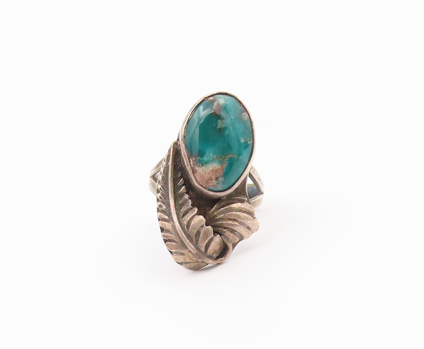 925 Sterling Silver Vintage Ring ASHLEY NAVAJO Turquoise Leaf  Sz 8.5  RG36580