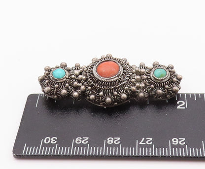 925 Sterling Silver Vintage Brooch CHINESE EXPORT Turquoise Flowers  BP11578