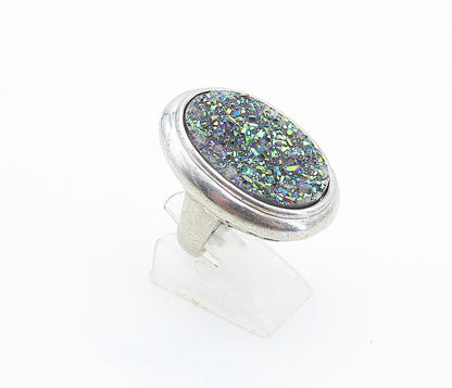 925 Sterling Silver  Vintage Rainbow Druzy Stone Cocktail Ring Sz 7  RG4268