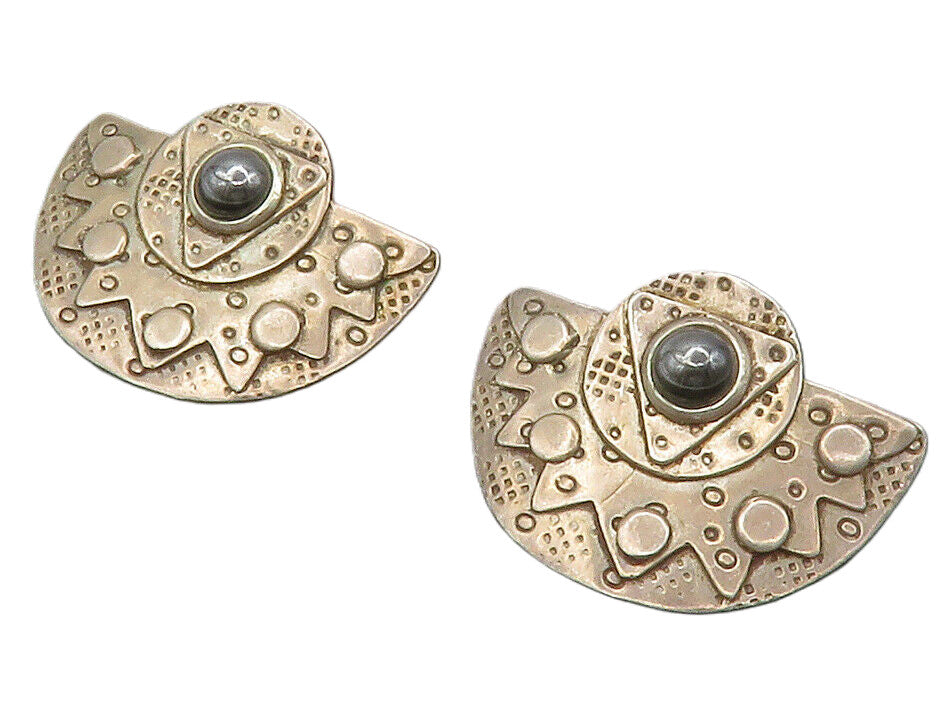 DESIGNER 925 Silver  Vintage Cabochon Hematite Patterned Drop Earrings  EG6686