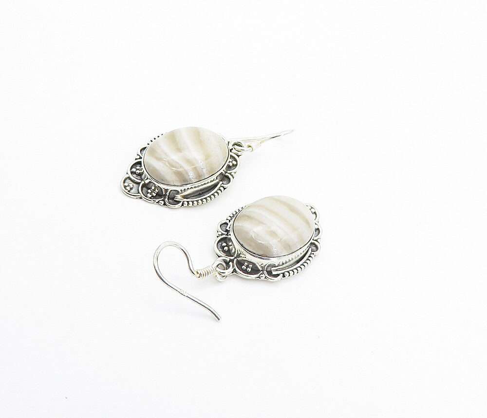 925 Sterling Silver  Vintage Cabochon Cut Agate Swirl Dangle Earrings  EG3301