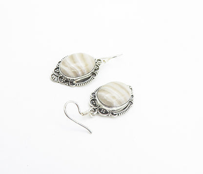 925 Sterling Silver  Vintage Cabochon Cut Agate Swirl Dangle Earrings  EG3301