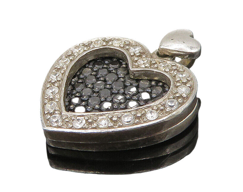 925 Sterling Silver  Black Hematite & Topaz Love Heart Drop Pendant  PT14157