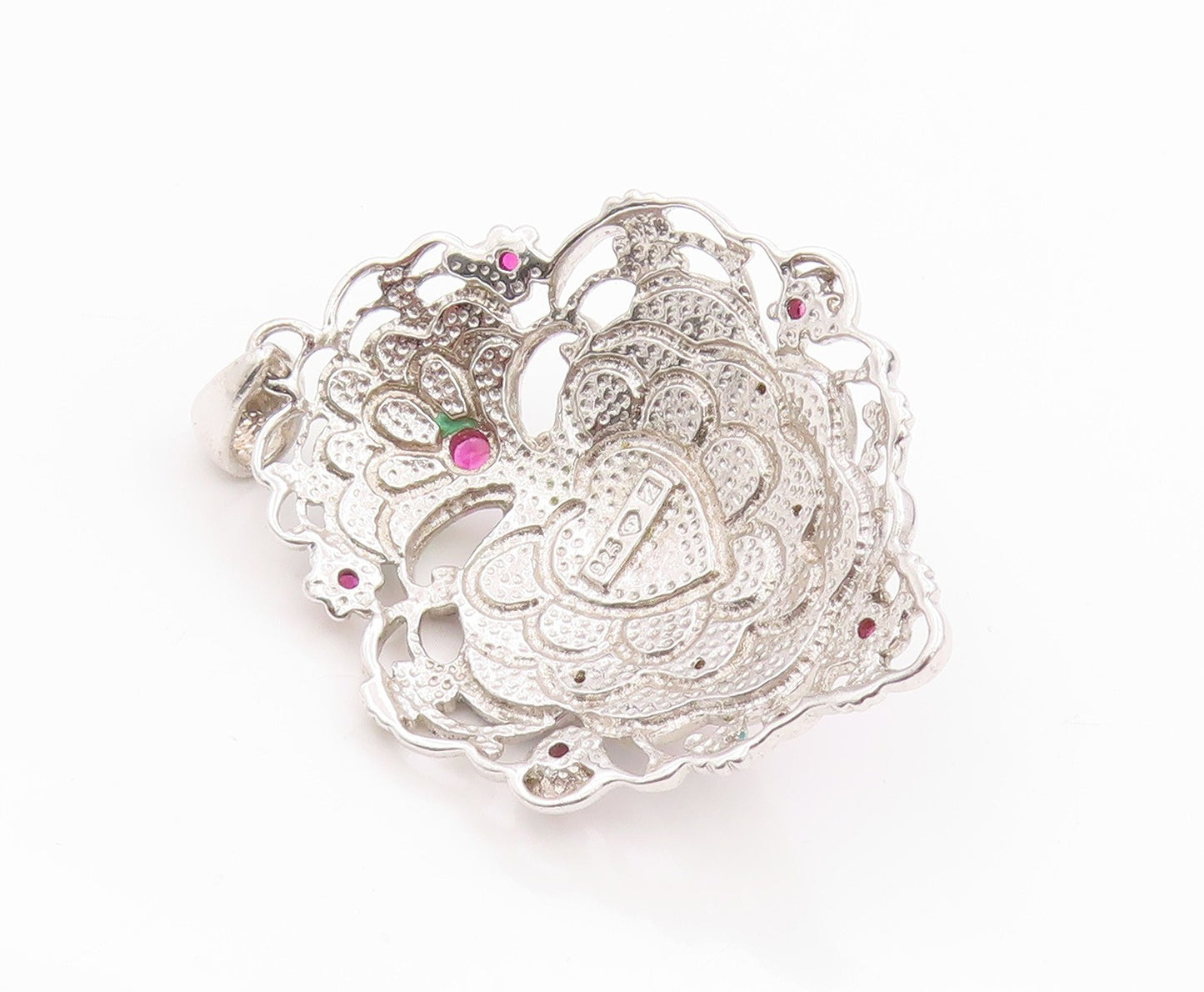 925 Sterling Silver Vintage Pendant CZ & Enameled Floral Gemstone Heart  PT24362