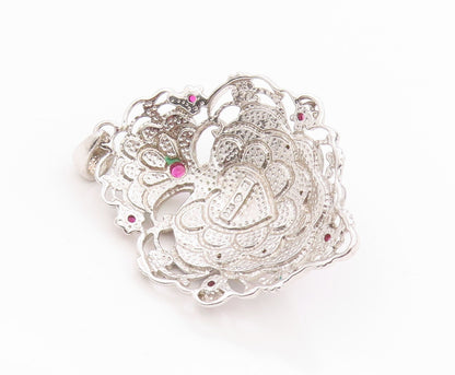 925 Sterling Silver Vintage Pendant CZ & Enameled Floral Gemstone Heart  PT24362