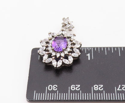 925 Sterling Silver Vintage Pendant Amethyst & Halo CZ Floral Cluster  PT25563