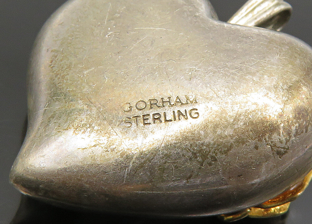 GORHAM 925 Silver  Vintage Two Tone Rose Flower Love Heart Pendant  PT19353