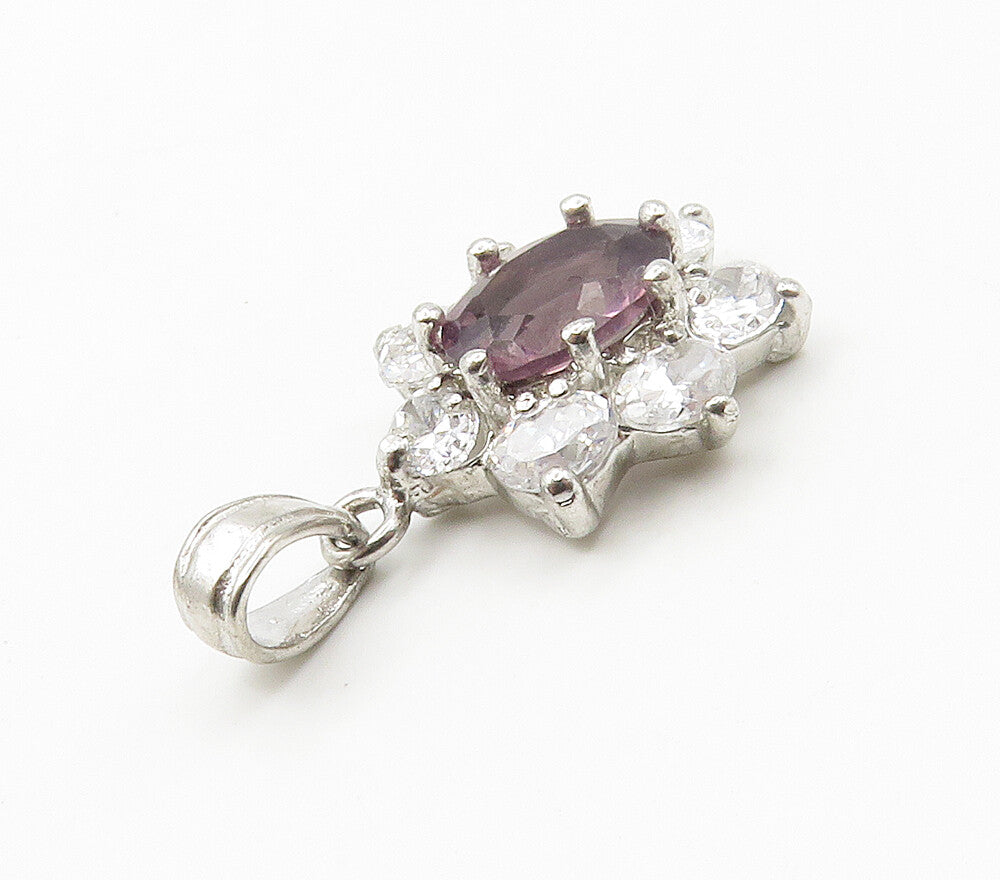 925 Sterling Silver  Vintage Amethyst & Cubic Zirconia Flower Pendant  PT11928