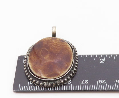 925 Sterling Silver  Vintage Brown Jasper Oxidized Bubble Trim Pendant  PT6743