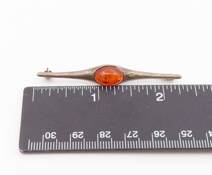 925 Sterling Silver  Vintage Pointed Ends Cabochon Amber Brooch Pin  BP9589