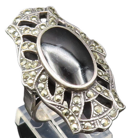 925 Sterling Silver  Vintage Black Onyx & Marcasite Cutout Ring Sz 7  RG25561