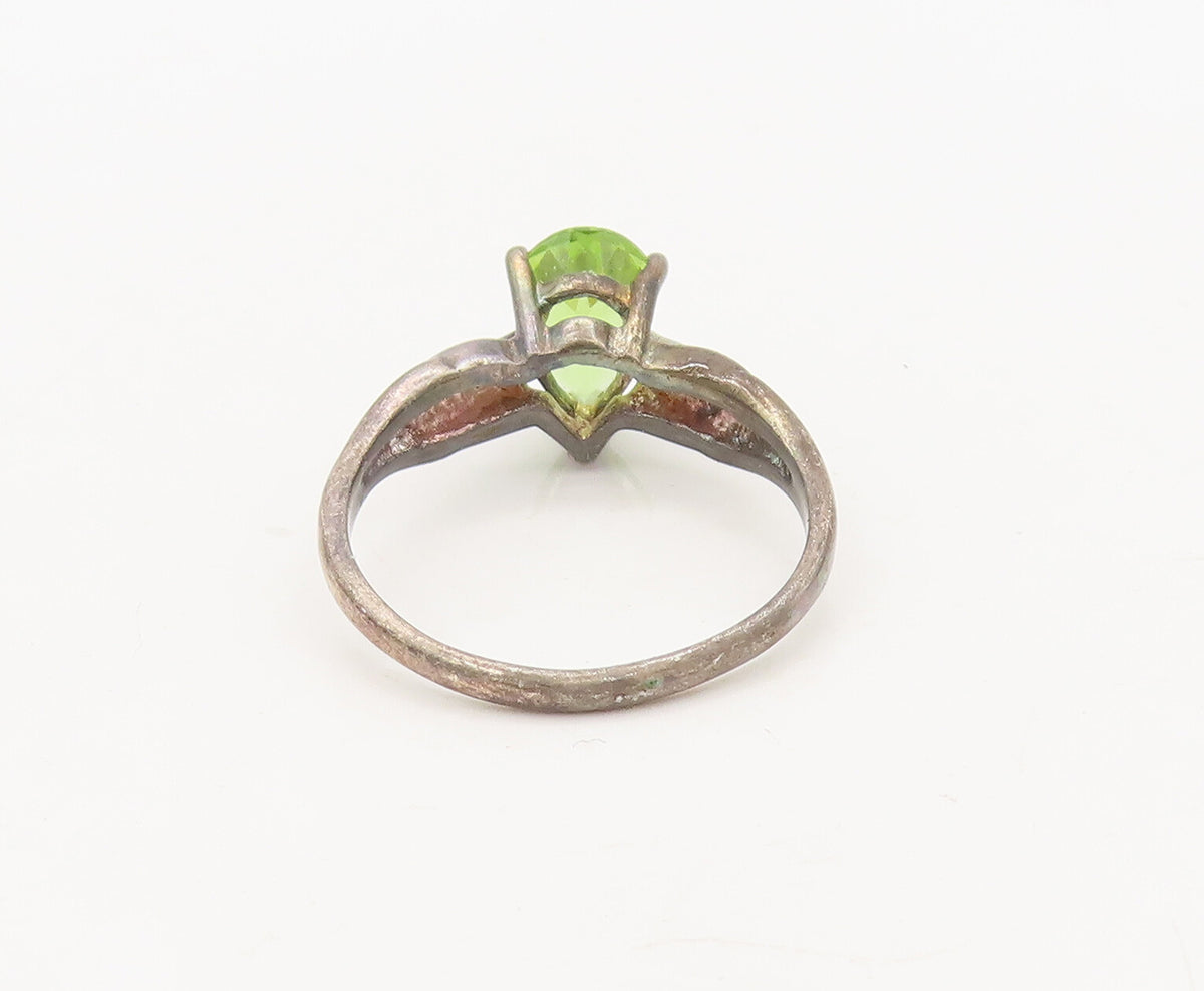 925 Silver  Vintage Swirly Carved Neck Pear Cut Green Topaz Ring Sz 8  RG27076