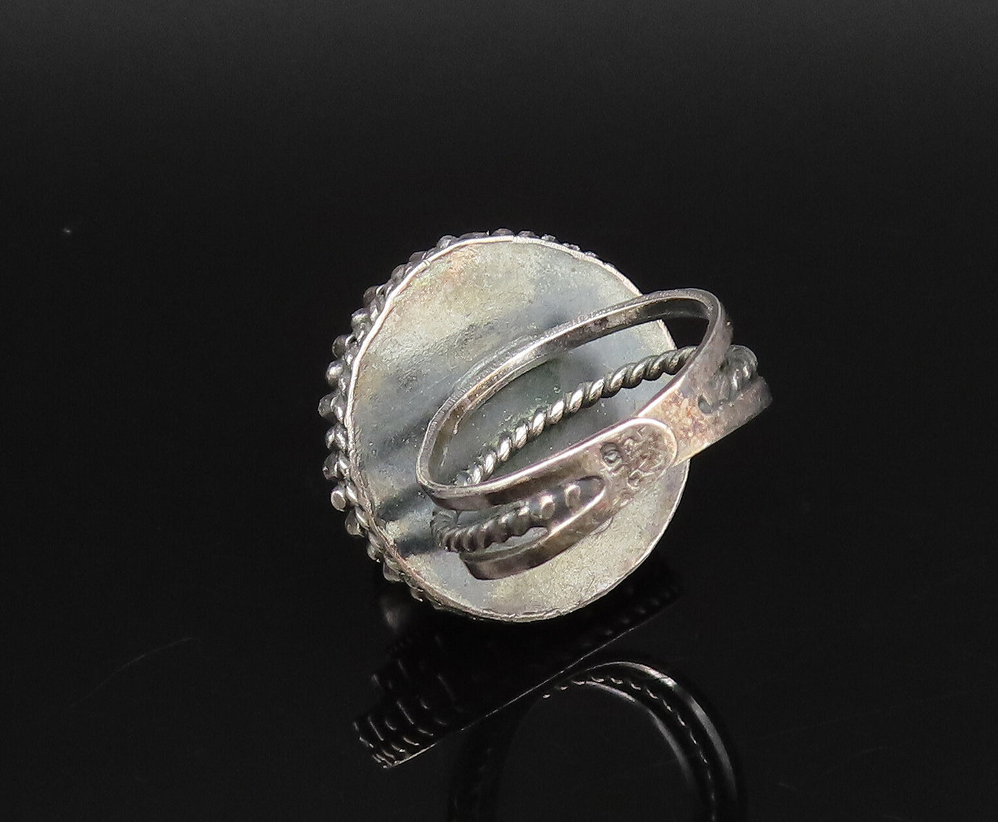 ISRAEL 925 Silver  Vintage Beaded Wavy Round Chrysocolla Ring Sz 5  RG25919