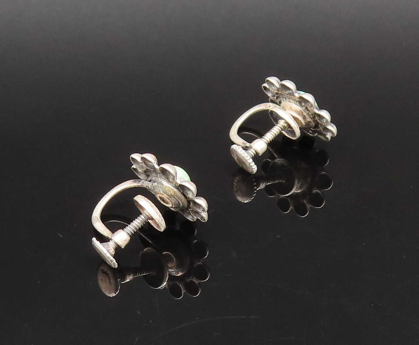 925 Silver  Vintage Green Turquoise Beaded Flower Screw Back Earrings  EG12277
