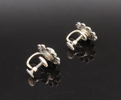925 Silver  Vintage Green Turquoise Beaded Flower Screw Back Earrings  EG12277