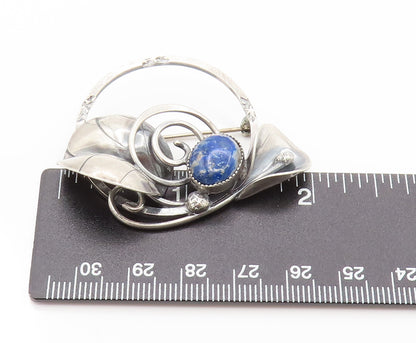 DESIGNER 925 Silver  Vintage Lapis Lazuli Calla Lily Stem Brooch Pin  BP10123