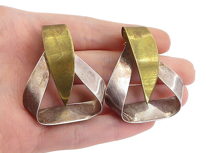 MEXICO 925 Sterling Silver  Vintage Shiny 2 Tone Ribbon Drop Earrings  EG2700