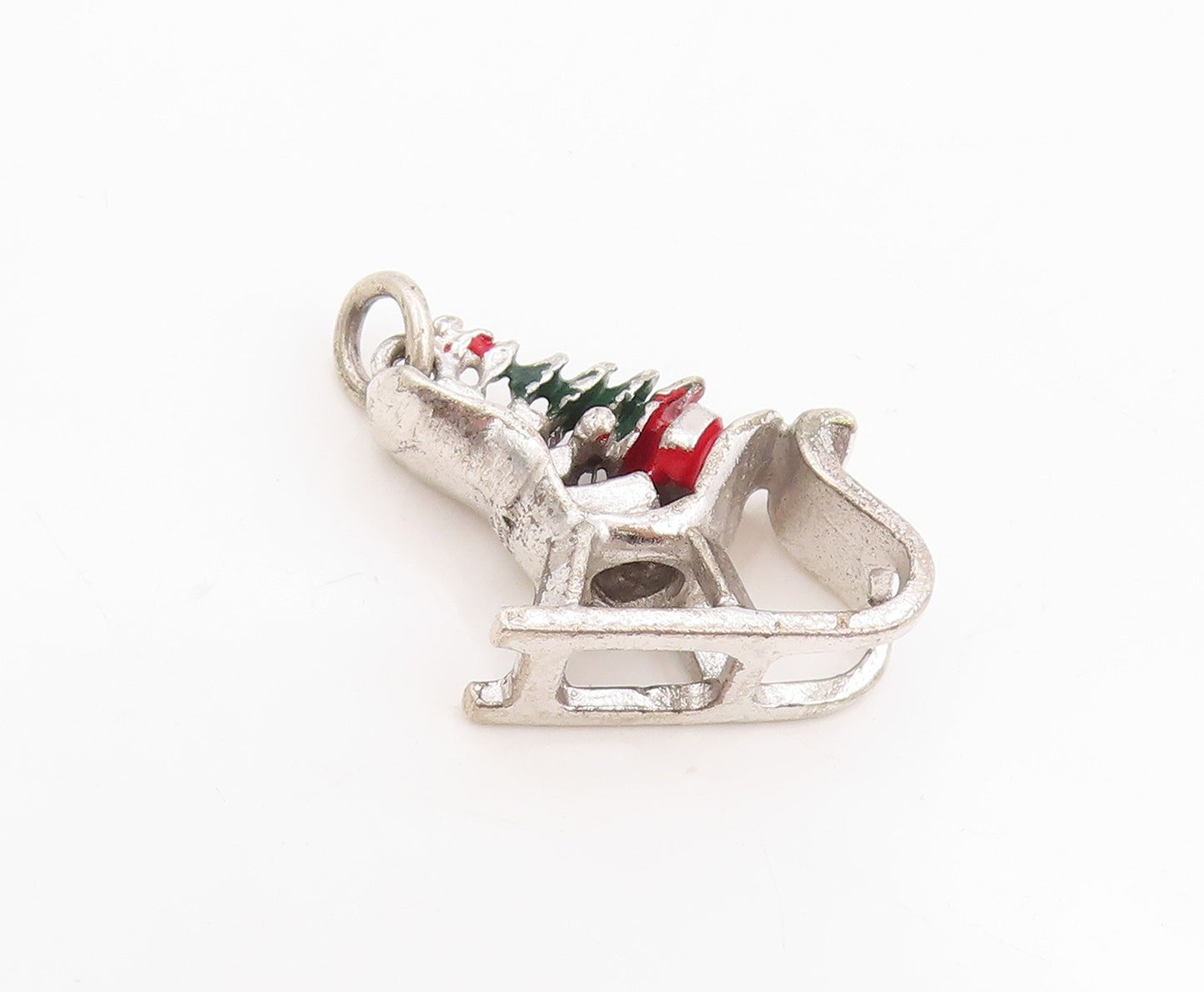 925 Sterling Silver Vintage Pendant Enameled Christmas Sleigh Charm  PT25384