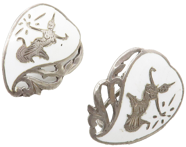 SIAM 925 Sterling Silver  Vintage Niello Dancer Non Pierce Earrings  EG6765