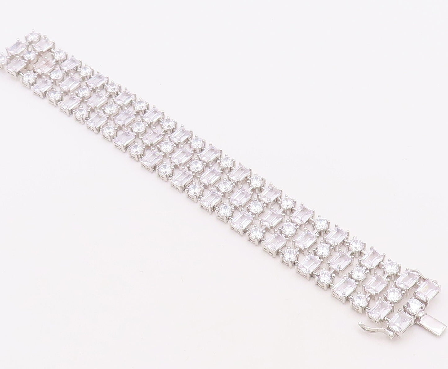 925 Sterling Silver Vintage Bracelet Multi Shape Linked Broad CZ Band  BT10875