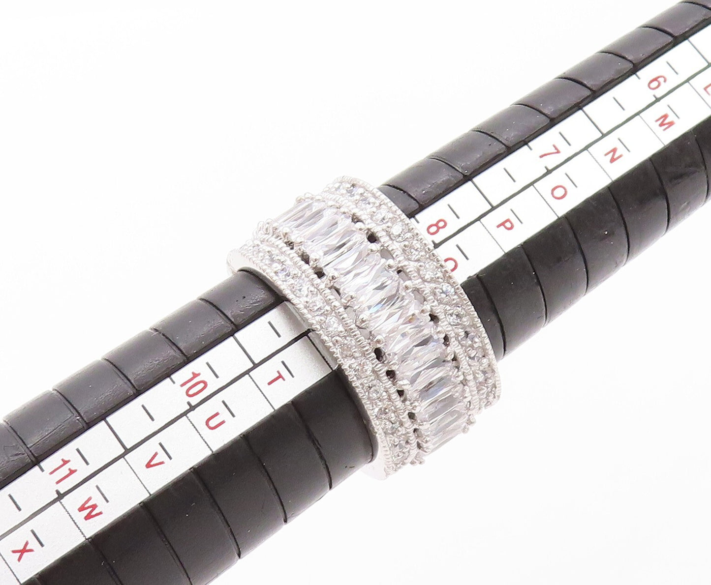 925 Sterling Silver Vintage Ring Designer Rectangle & Round CZ Band Sz 9 RG30217