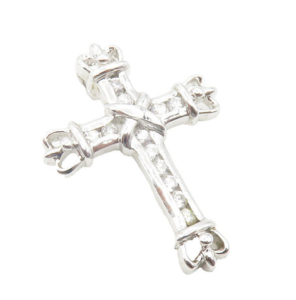 925 Sterling Silver  Shiny White Topaz Crowned Religious Cross Pendant  PT9678