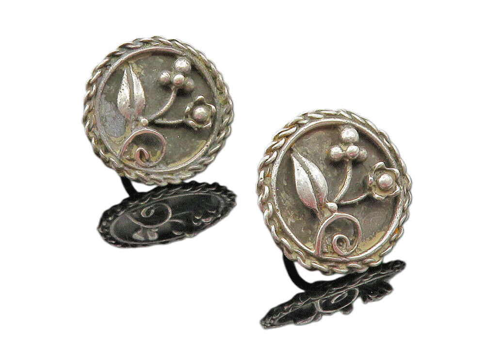 925 Sterling Silver  Vintage Oxidized Flower Twist Non Pierce Earrings  EG4637