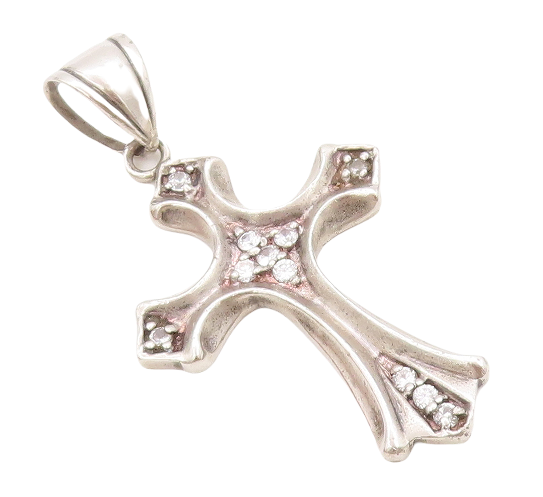 925 Sterling Silver Vintage Pendant Dark Tone CZ Inlay Religious Cross PT23853