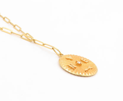 925 Sterling Silver Vintage Necklace Gold Plated CZ Compass Medal Chain  NE4797