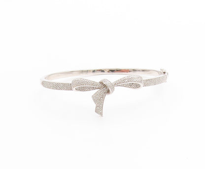 925 Sterling Silver Vintage Bracelet Genuine Diamonds Ribbon Bow Bangle  BT11803