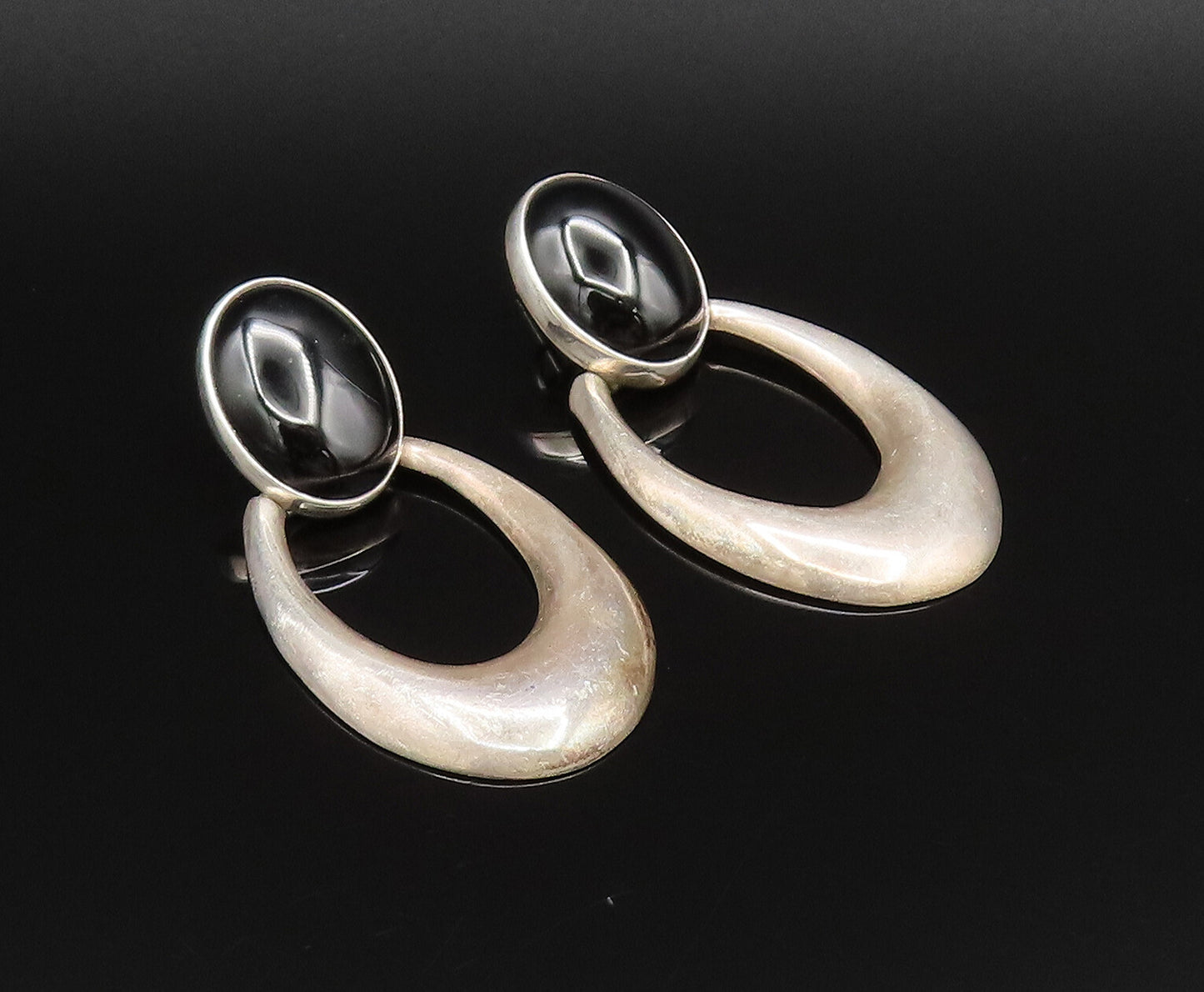 925 Sterling Silver Vintage Cabochon Black Onyx Open U Dangle Earrings EG12130