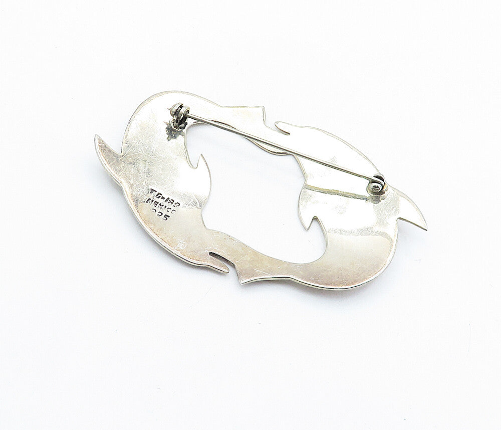 MEXICO 925 Sterling Silver  Vintage Double Dolphin Love Brooch Pin  BP2379