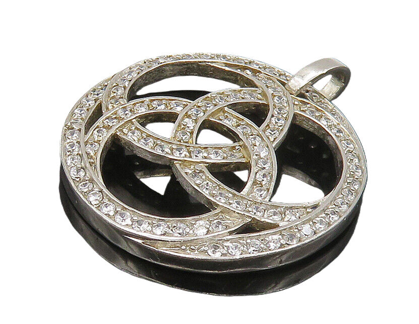 925 Sterling Silver  Vintage Shiny Cubic Zirconia Celtic Knot Pendant  PT14058