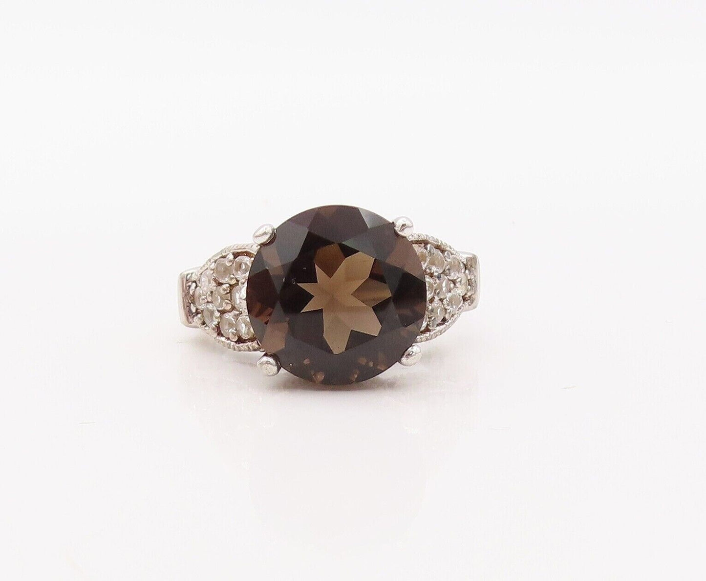 925 Sterling Silver Vintage Ring Round Smoky Quartz Carved Topaz  Sz 7  RG30185