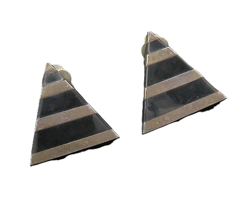 MEXICO 925 Silver  Vintage Black Onyx Striped Non Pierce Drop Earrings  EG9740