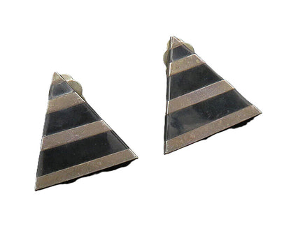 MEXICO 925 Silver  Vintage Black Onyx Striped Non Pierce Drop Earrings  EG9740